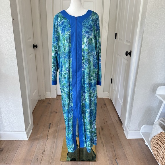 Collections Etc Kaftan Robe Sz L Women's Blue Floral Full Zip Mrs Roper Mumu - Picture 1 of 8